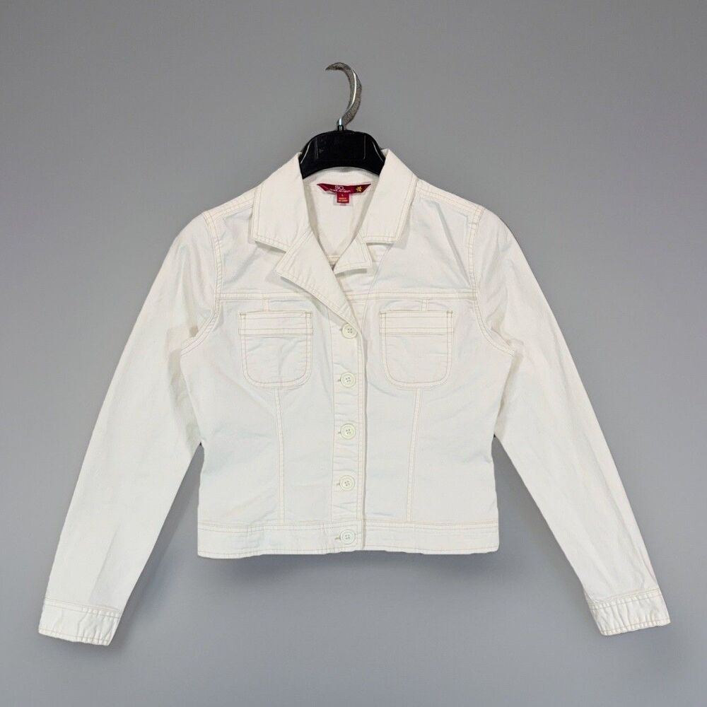 SO Women L White Denim Trucker Jacket Jean Crop Aesthetic Y2K Minimalist Chic